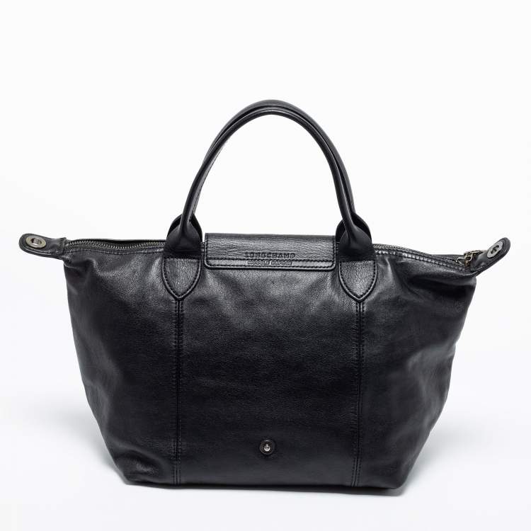 Pre Owned Longchamp Black Leather Le Pliage Tote