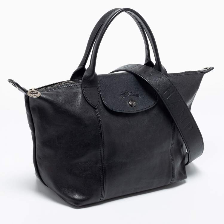 Pre Owned Longchamp Black Leather Le Pliage Tote