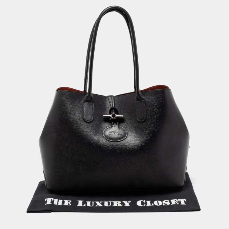 Pre Owned Longchamp Black Leather Roseau Tote