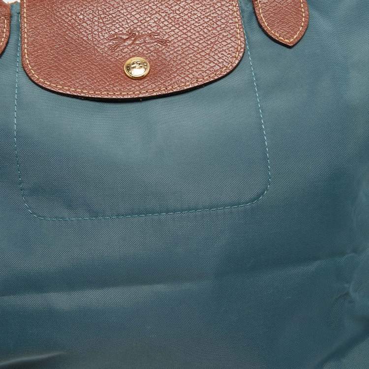 Pre Owned Longchamp Grey/Brown Leather and Nylon Le Pliage Tote