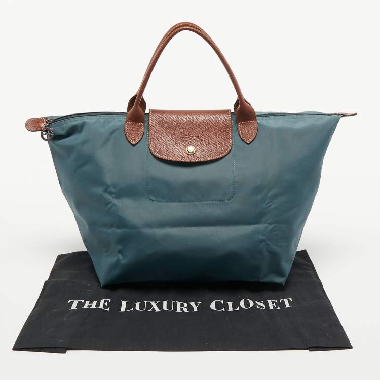 Pre Owned Longchamp Grey/Brown Leather and Nylon Le Pliage Tote