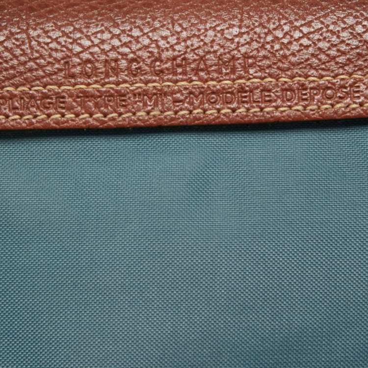 Pre Owned Longchamp Grey/Brown Leather and Nylon Le Pliage Tote