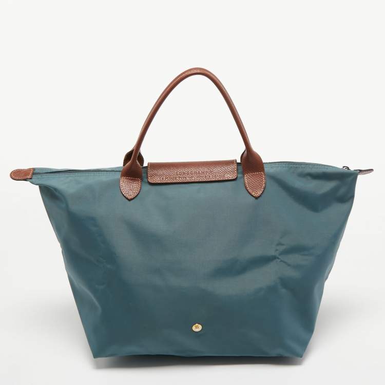 Pre Owned Longchamp Grey/Brown Leather and Nylon Le Pliage Tote