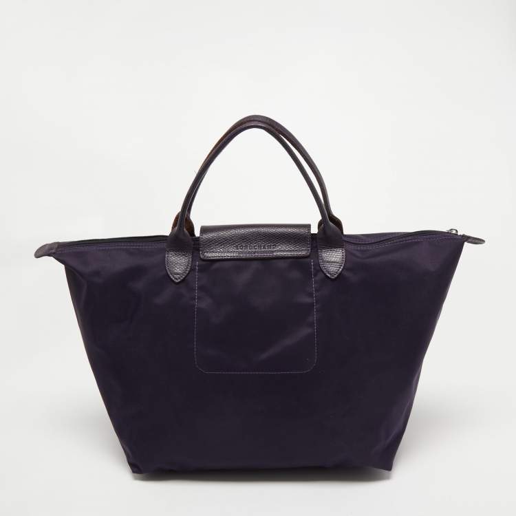 Pre Owned Longchamp Purple Embroidered Patches Nylon and Leather Le Pliage Tote