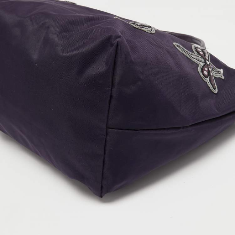 Pre Owned Longchamp Purple Embroidered Patches Nylon and Leather Le Pliage Tote