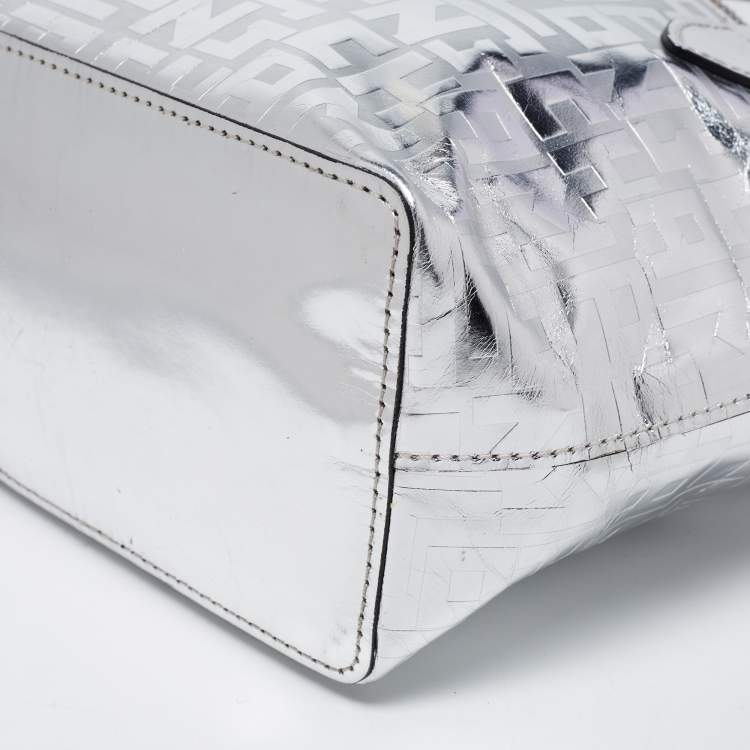 Pre Owned Longchamp Silver Monogram Embossed Leather XS Le Pliage Tote