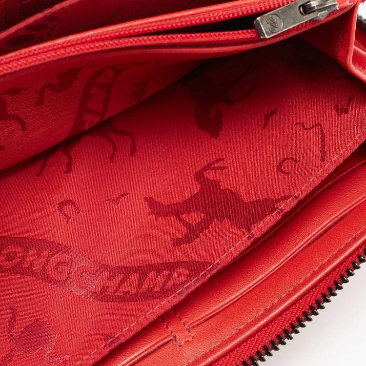 Pre Owned Longchamp Red Leather Zip Around Wallet