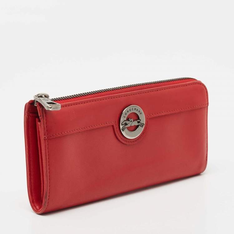 Pre Owned Longchamp Red Leather Zip Around Wallet