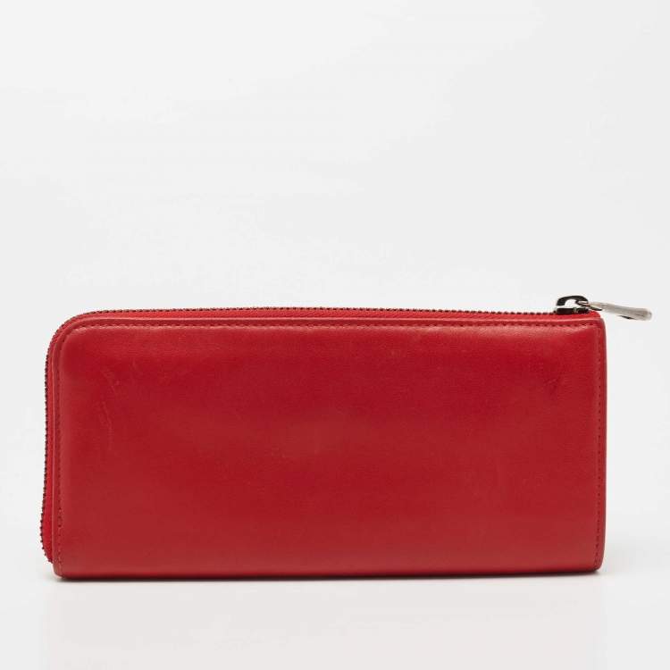 Pre Owned Longchamp Red Leather Zip Around Wallet