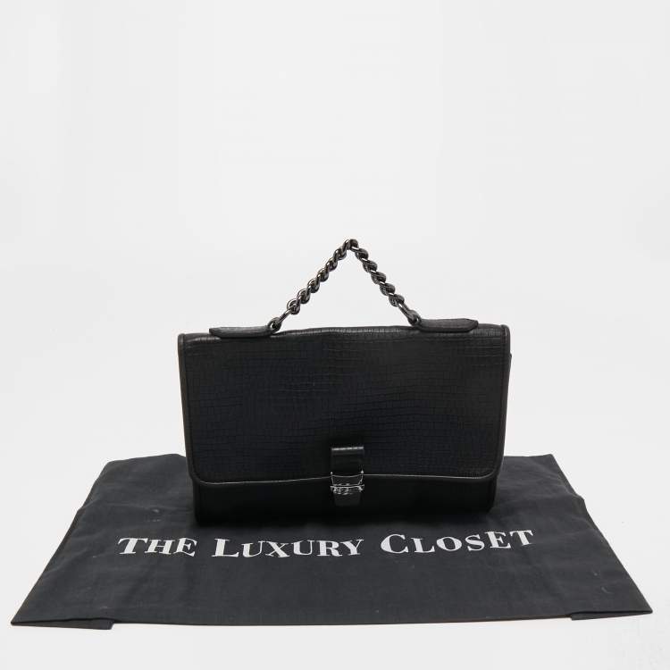 Pre Owned Longchamp Black Embossed Leather Chain Top Handle Bag