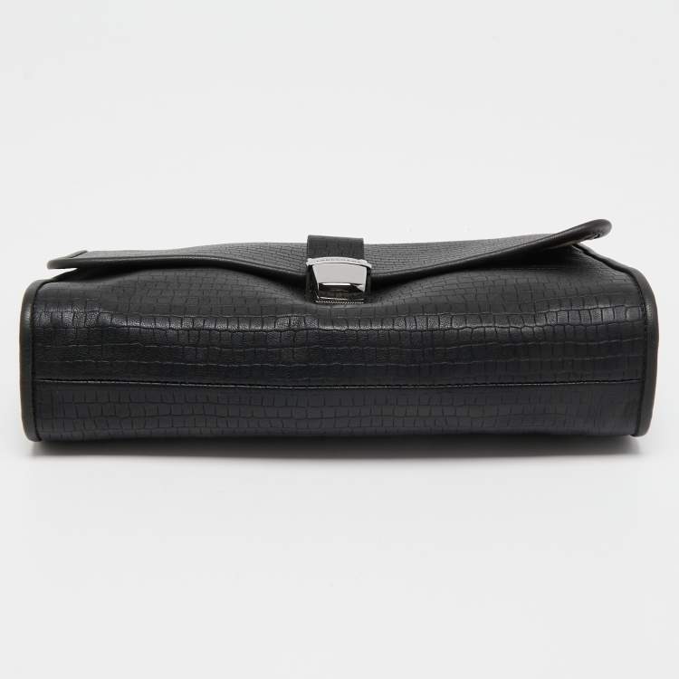 Pre Owned Longchamp Black Embossed Leather Chain Top Handle Bag
