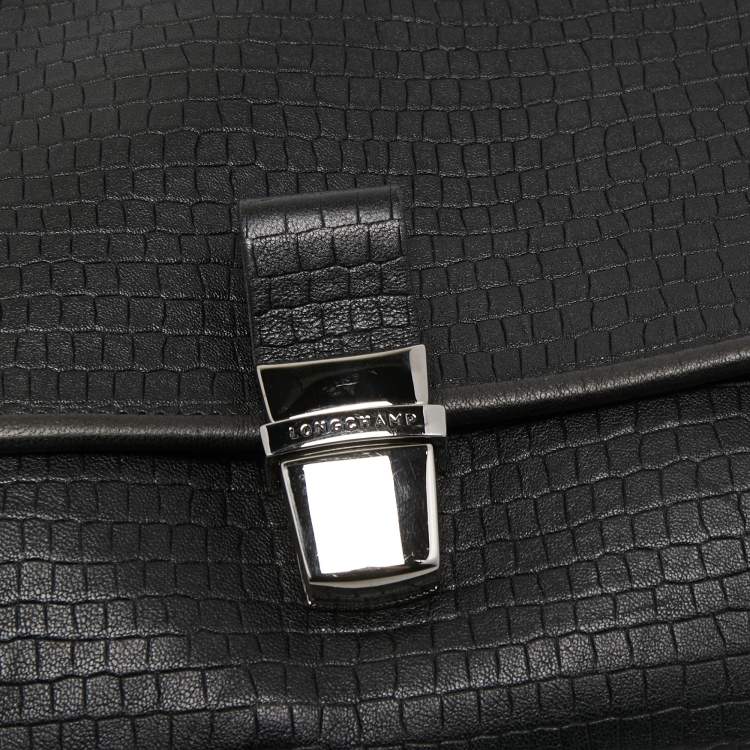Pre Owned Longchamp Black Embossed Leather Chain Top Handle Bag