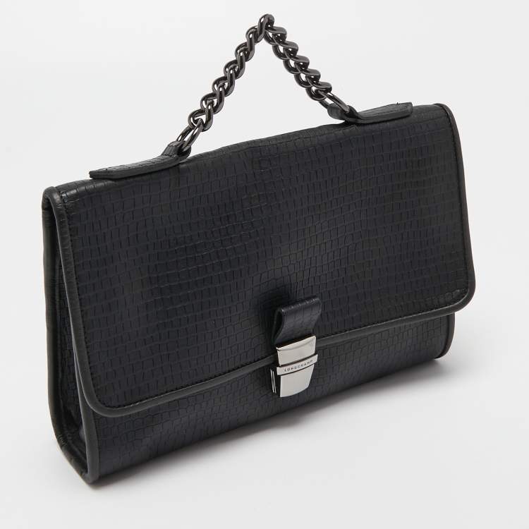 Pre Owned Longchamp Black Embossed Leather Chain Top Handle Bag