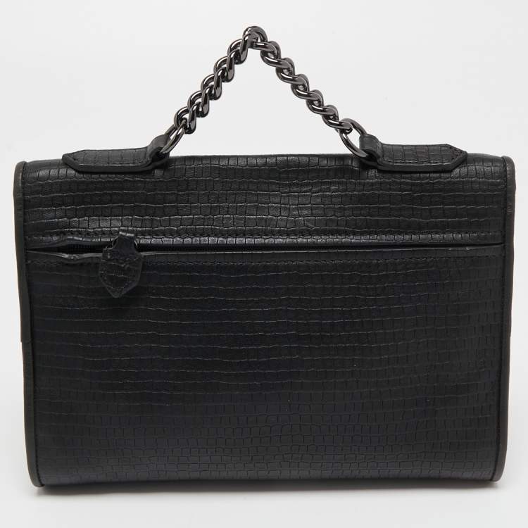 Pre Owned Longchamp Black Embossed Leather Chain Top Handle Bag