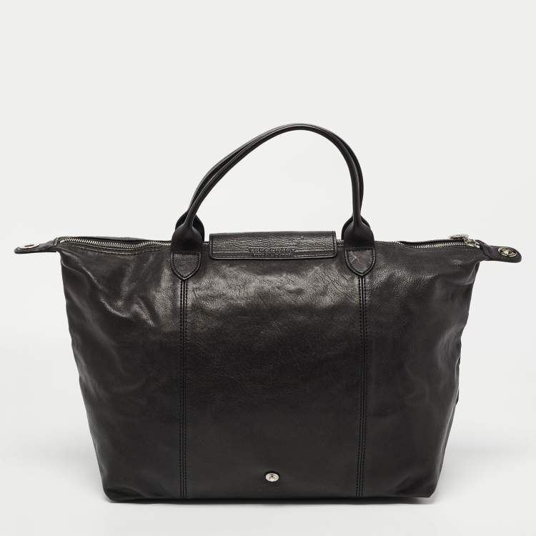 Pre Owned Longchamp Black Leather Le Pliage Top Handle Bag