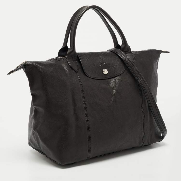 Pre Owned Longchamp Black Leather Le Pliage Top Handle Bag