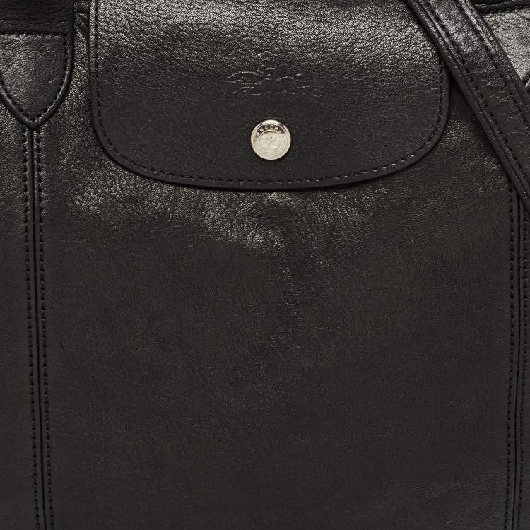 Pre Owned Longchamp Black Leather Le Pliage Top Handle Bag