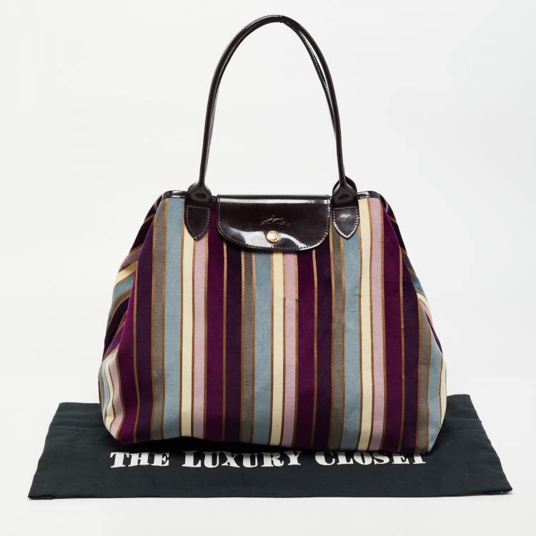 Pre Owned Longchamp Multicolor Stripe Velvet and Patent Leather Tote
