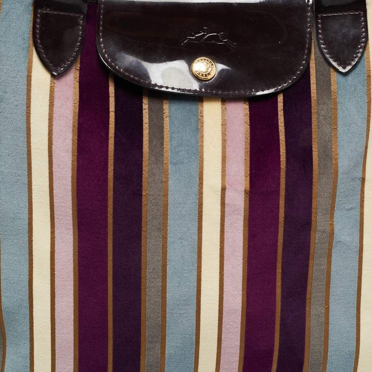 Pre Owned Longchamp Multicolor Stripe Velvet and Patent Leather Tote