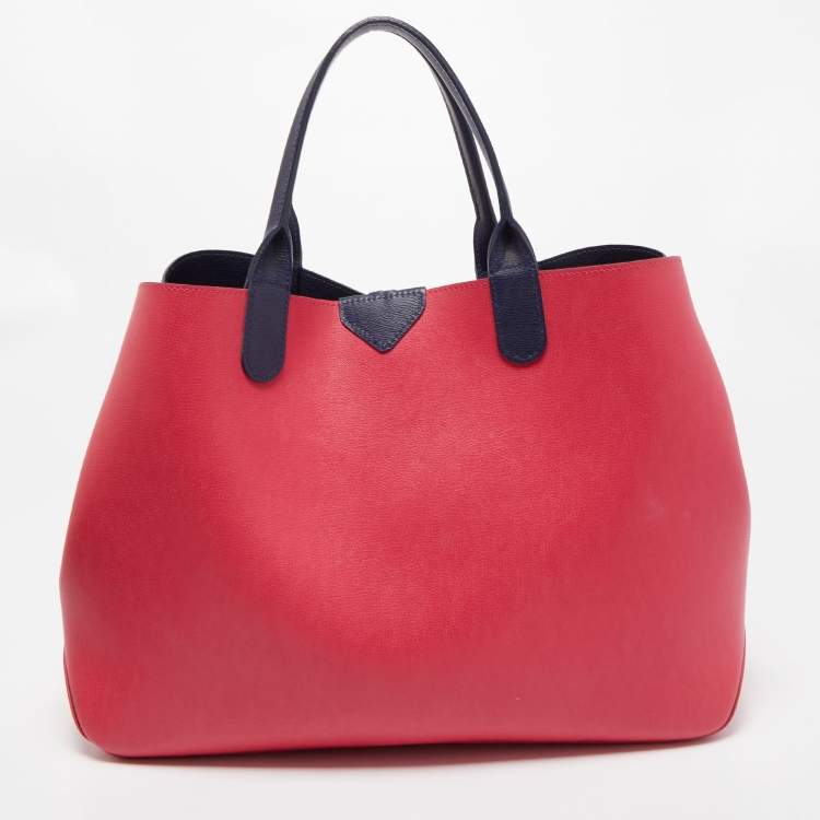 Pre Owned Longchamp Magenta/Navy Blue Leather Roseau Tote