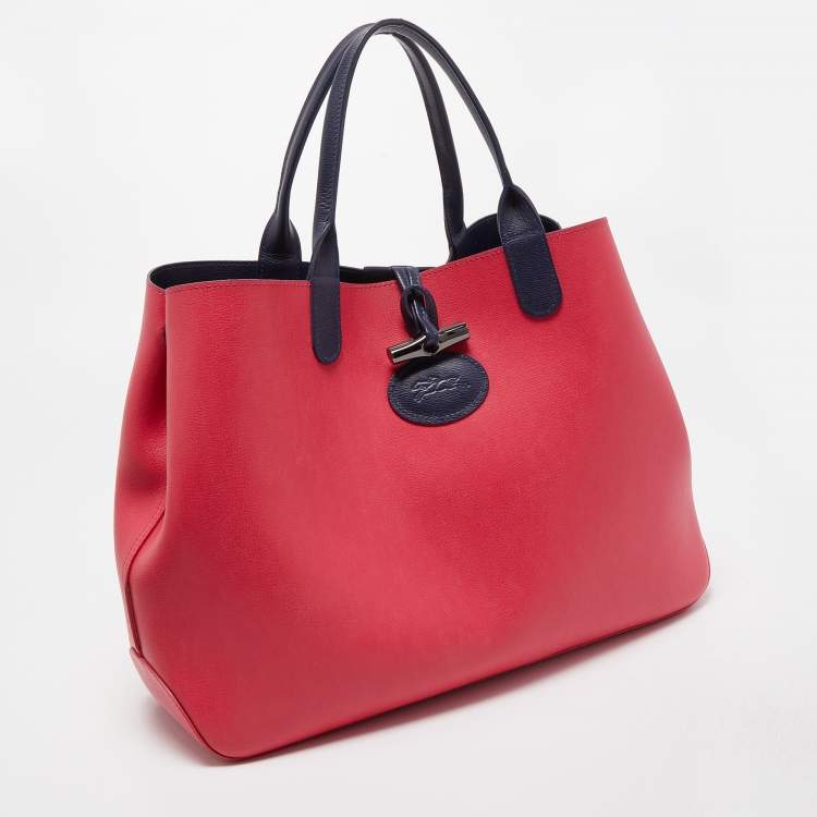 Pre Owned Longchamp Magenta/Navy Blue Leather Roseau Tote