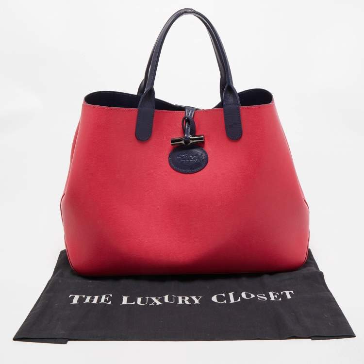 Pre Owned Longchamp Magenta/Navy Blue Leather Roseau Tote