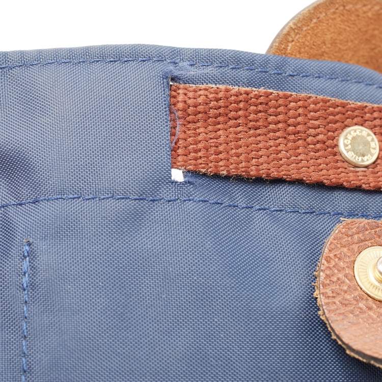 Pre Owned Longchamp Navy Blue/Brown Nylon and Leather Le Pliage Drawstring Backpack