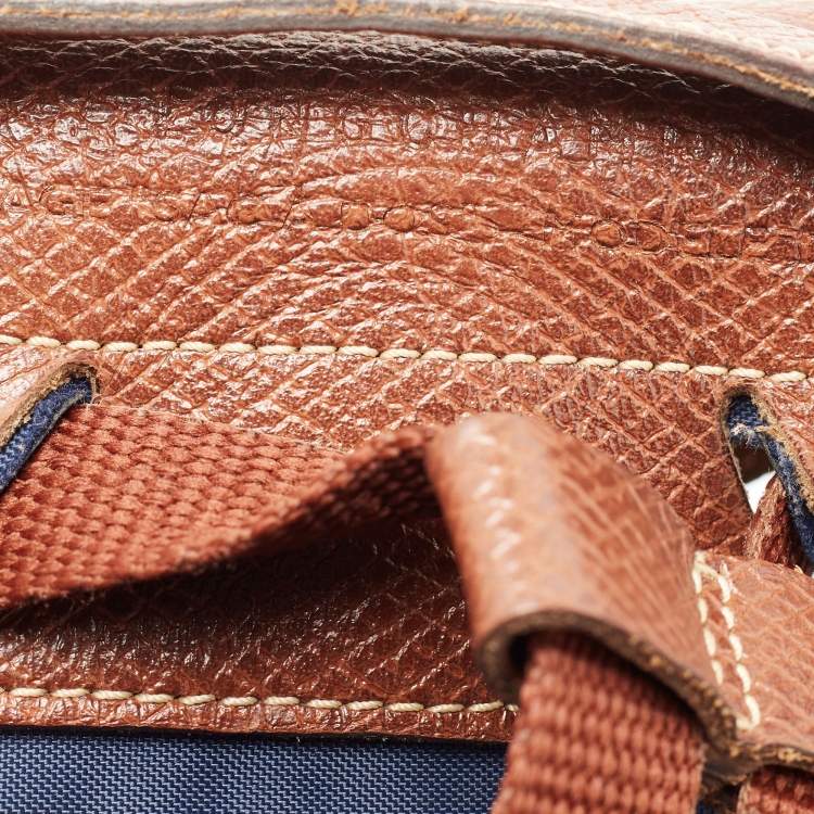 Pre Owned Longchamp Navy Blue/Brown Nylon and Leather Le Pliage Drawstring Backpack