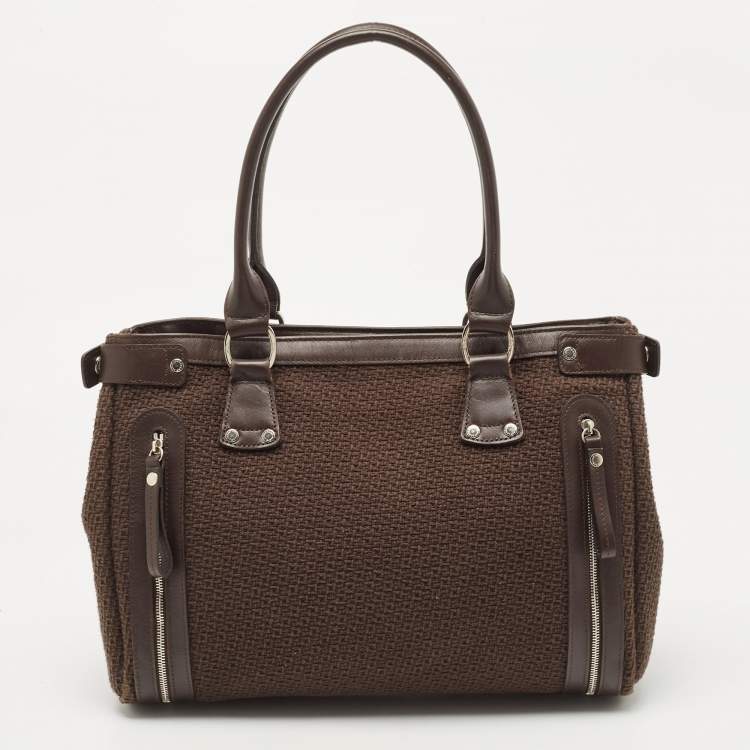 Pre Owned Longchamp Dark Brown Woven Fabric and Leather Zip Detail Expandable Tote