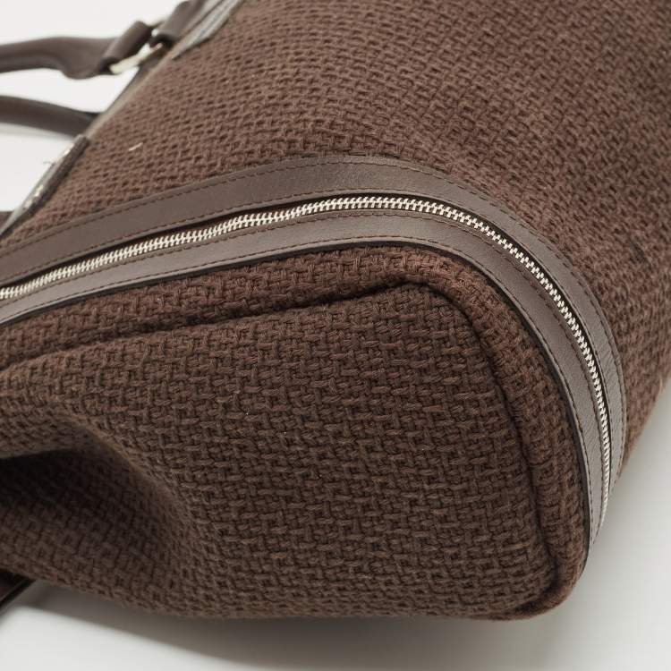 Pre Owned Longchamp Dark Brown Woven Fabric and Leather Zip Detail Expandable Tote