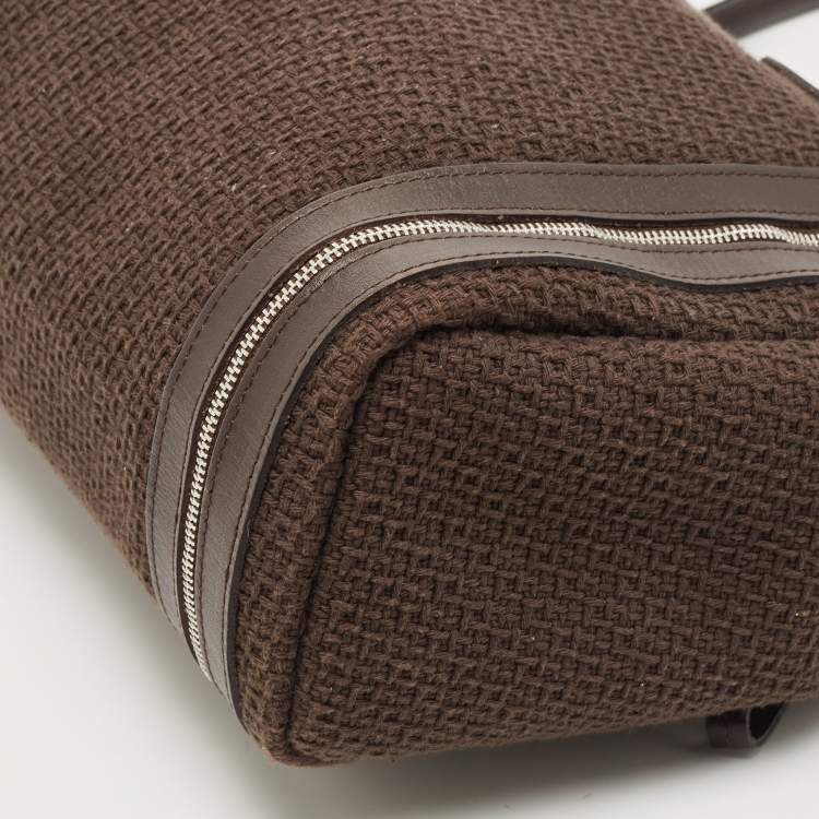 Pre Owned Longchamp Dark Brown Woven Fabric and Leather Zip Detail Expandable Tote