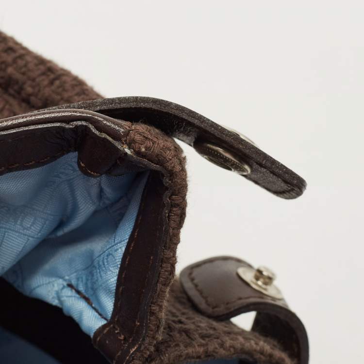 Pre Owned Longchamp Dark Brown Woven Fabric and Leather Zip Detail Expandable Tote