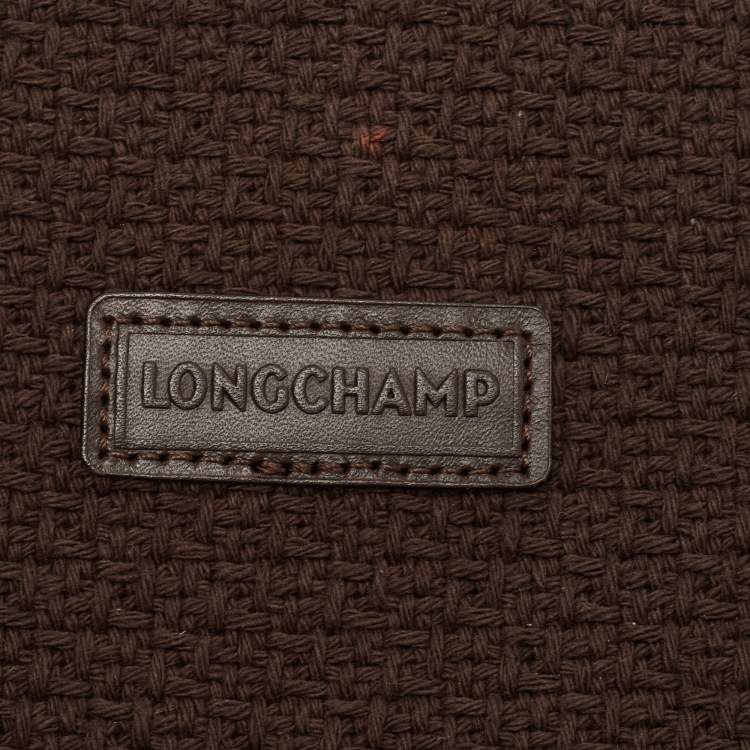 Pre Owned Longchamp Dark Brown Woven Fabric and Leather Zip Detail Expandable Tote