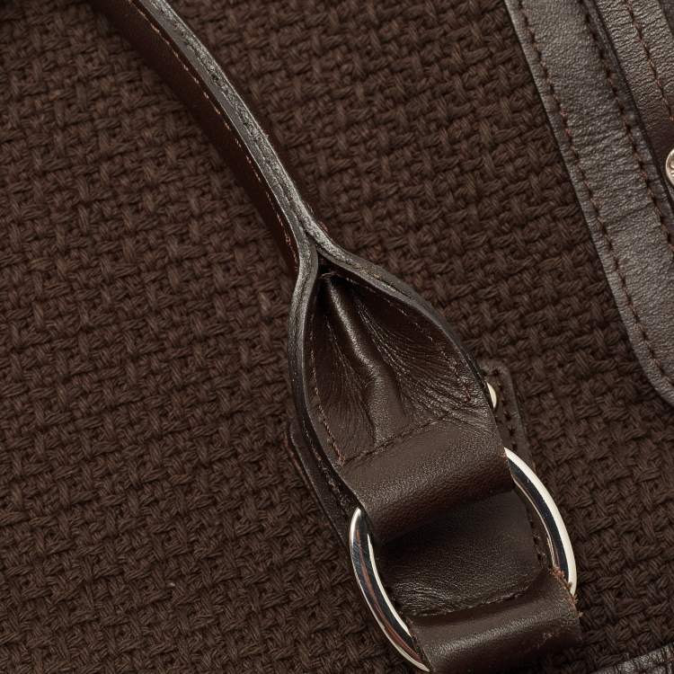 Pre Owned Longchamp Dark Brown Woven Fabric and Leather Zip Detail Expandable Tote
