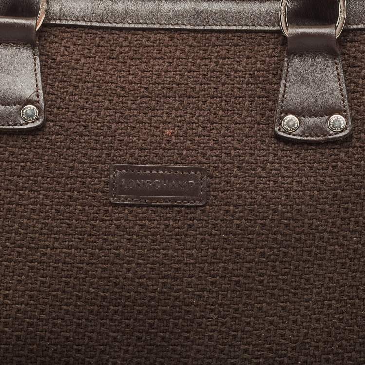 Pre Owned Longchamp Dark Brown Woven Fabric and Leather Zip Detail Expandable Tote