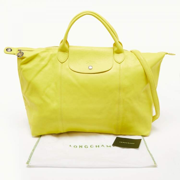 Pre Owned Longchamp Lime Green Leather Large Le Pliage Tote