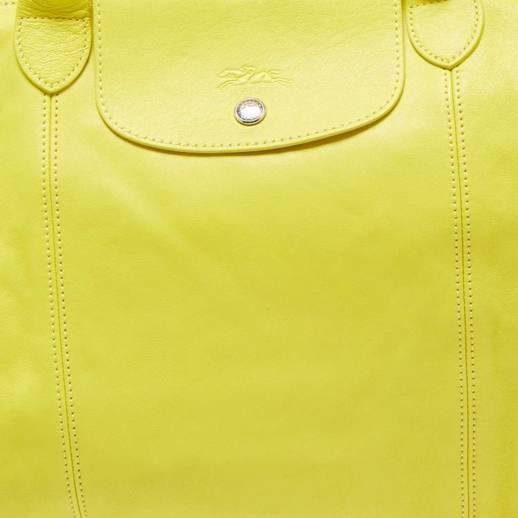 Pre Owned Longchamp Lime Green Leather Large Le Pliage Tote