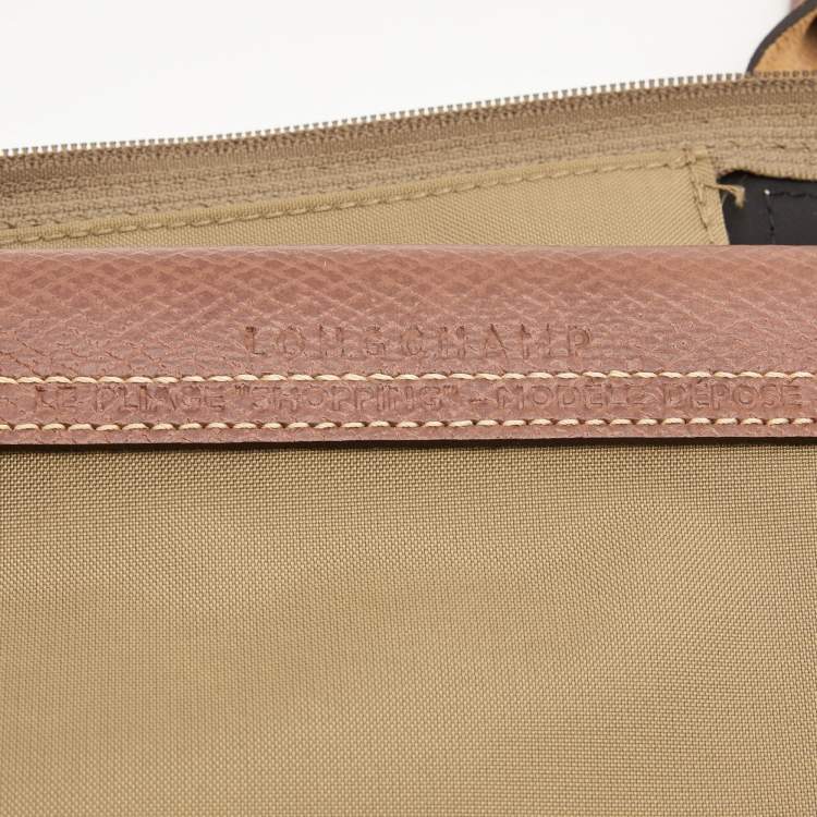 Pre Owned Longchamp Beige/Brown Nylon and Leather Large Le Pliage Tote