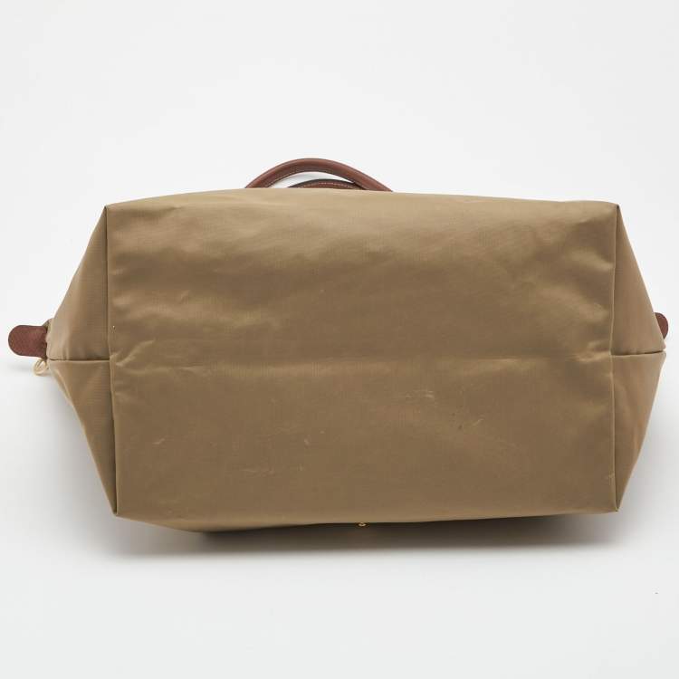 Pre Owned Longchamp Beige/Brown Nylon and Leather Large Le Pliage Tote