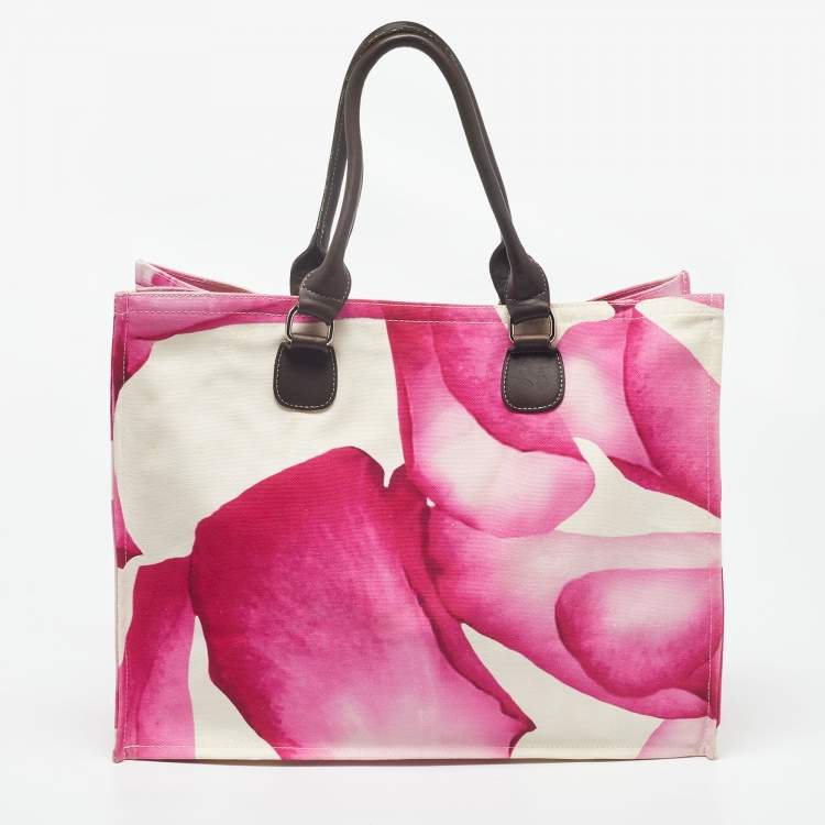Pre Owned Longchamp Pink/White Floral Print Canvas and Leather Shopper Tote