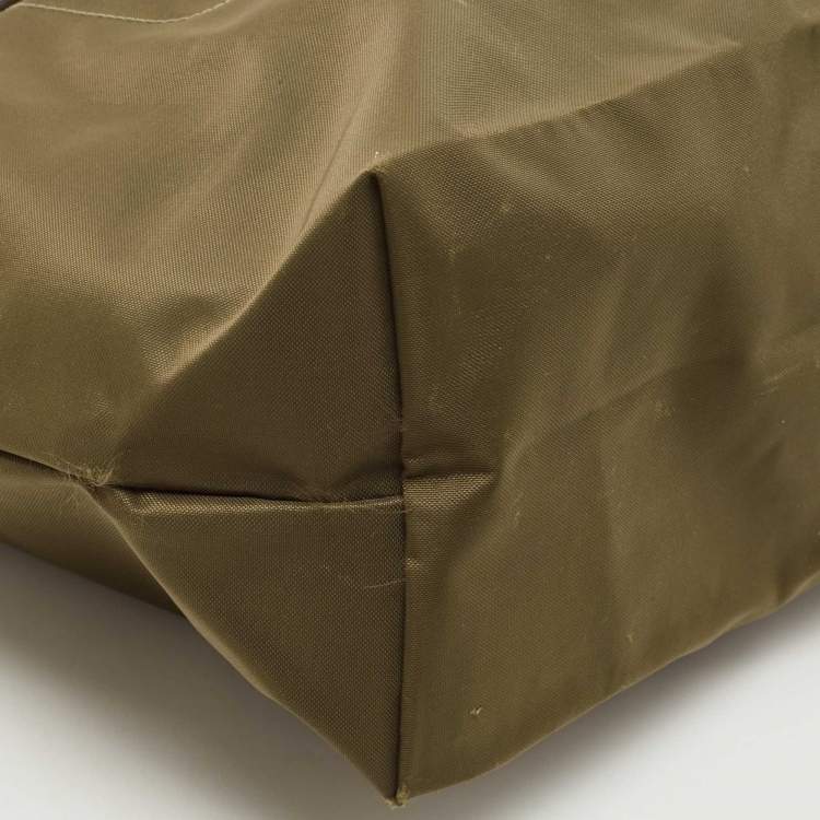 Pre Owned Longchamp Khaki Green Nylon and Leather Le Pliage Tote
