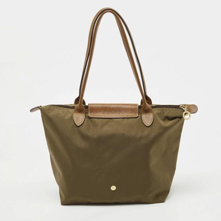 Pre Owned Longchamp Khaki Green Nylon and Leather Le Pliage Tote