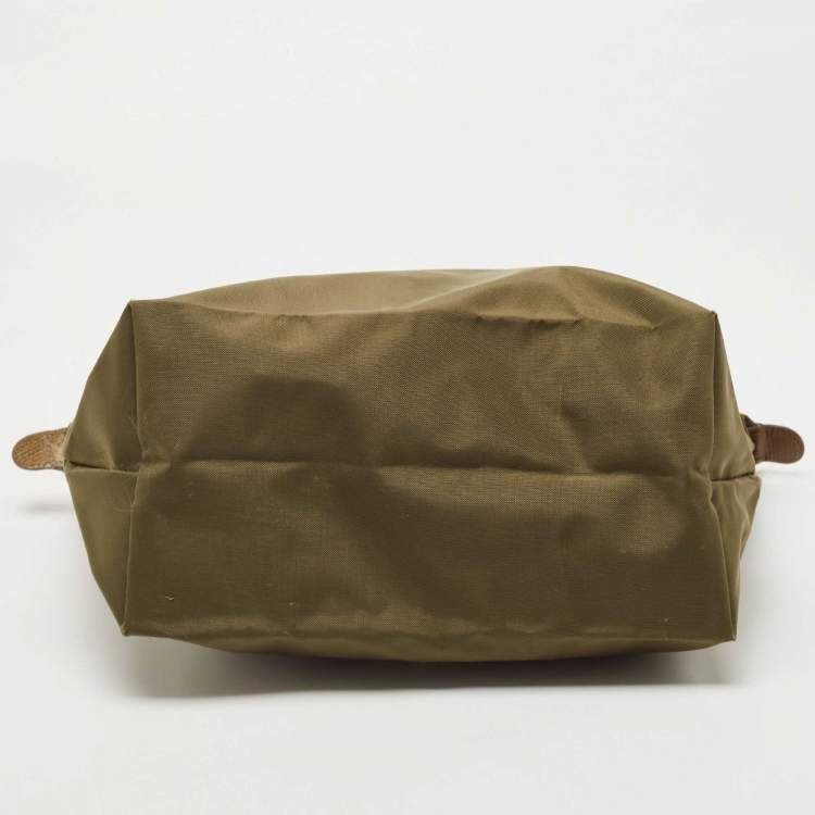 Pre Owned Longchamp Khaki Green Nylon and Leather Le Pliage Tote