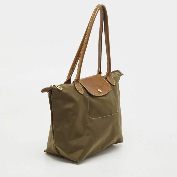 Pre Owned Longchamp Khaki Green Nylon and Leather Le Pliage Tote
