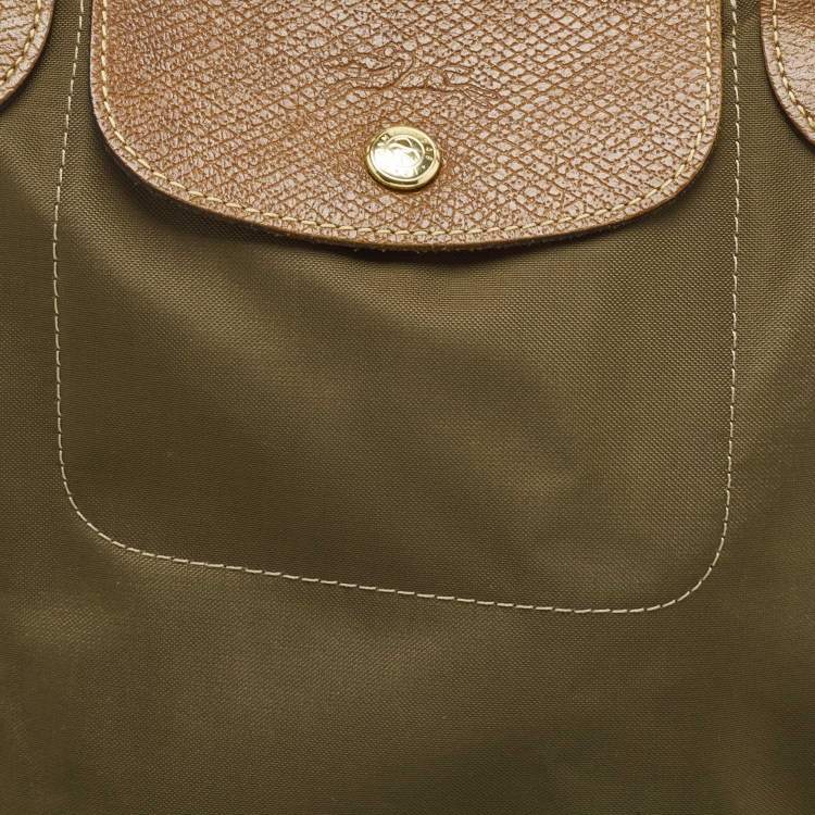 Pre Owned Longchamp Khaki Green Nylon and Leather Le Pliage Tote