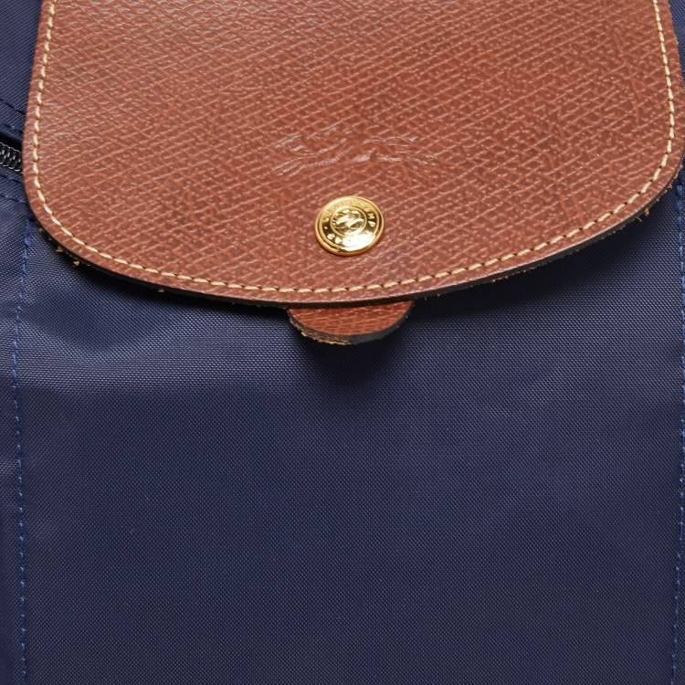 Pre Owned Longchamp Navy Blue/Brown Nylon and Leather Le Pliage Backpack