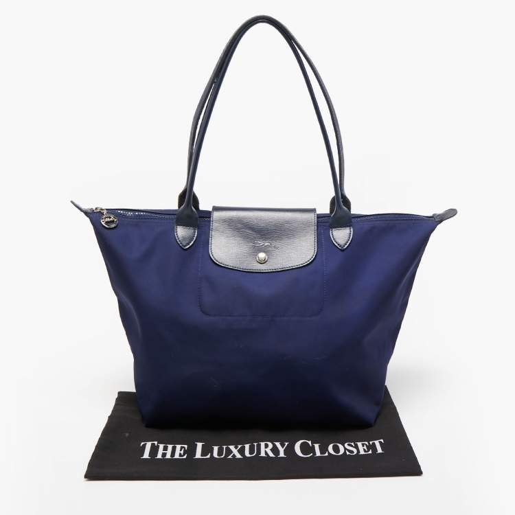 Pre Owned Longchamp Dark Blue Nylon and Leather Medium Le Pliage Tote