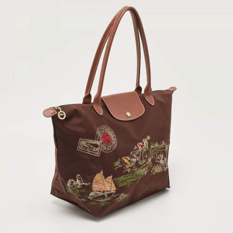 Pre Owned Longchamp Brown Printed Nylon and Leather Vietnam Le Pliage Tote