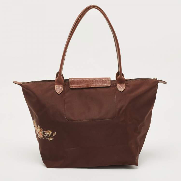 Pre Owned Longchamp Brown Printed Nylon and Leather Vietnam Le Pliage Tote