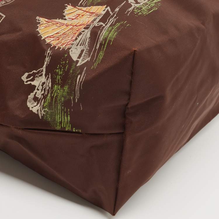 Pre Owned Longchamp Brown Printed Nylon and Leather Vietnam Le Pliage Tote